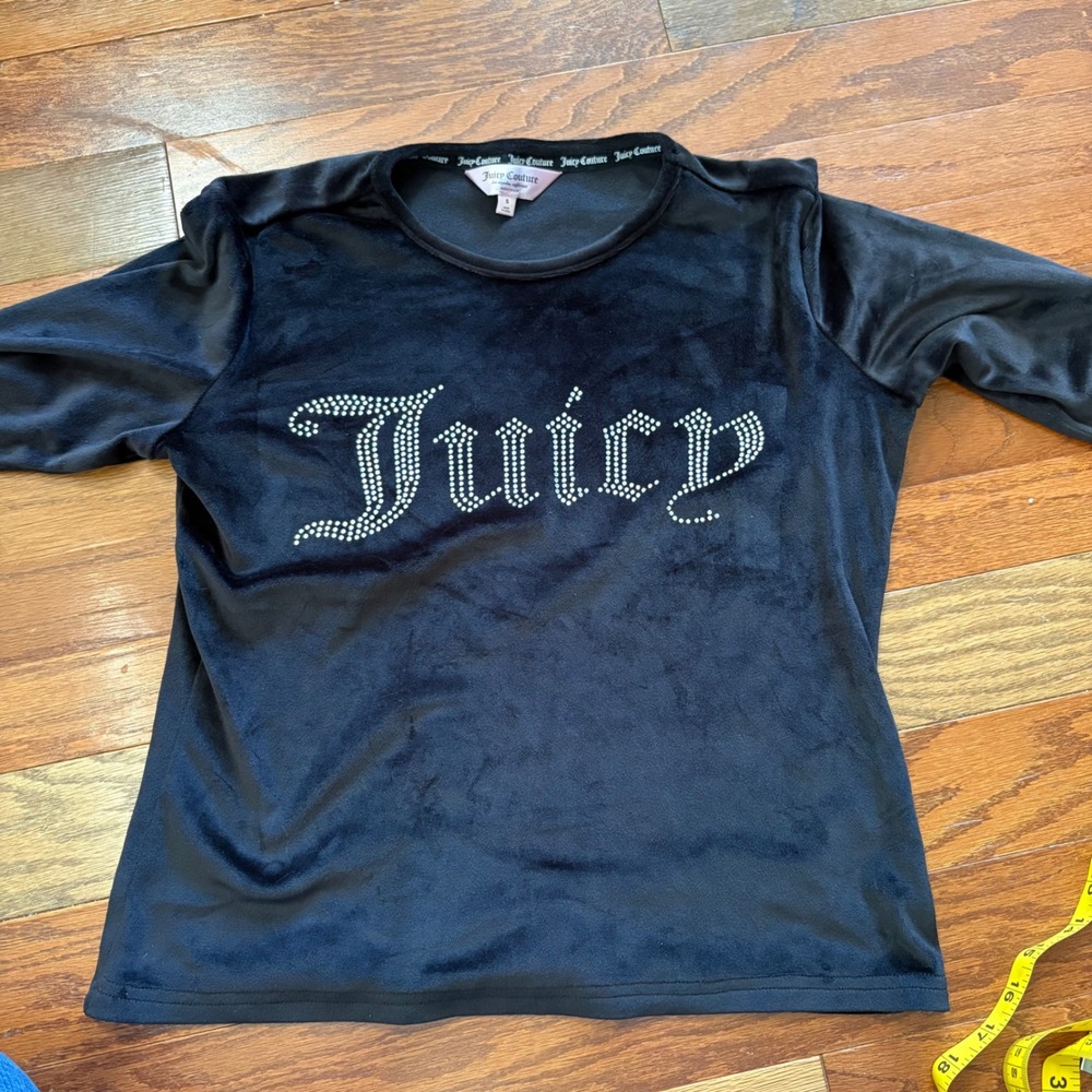 Juicy Couture Black Velour Rhinestone Logo Long Sleeve Sleep Top Women Small S